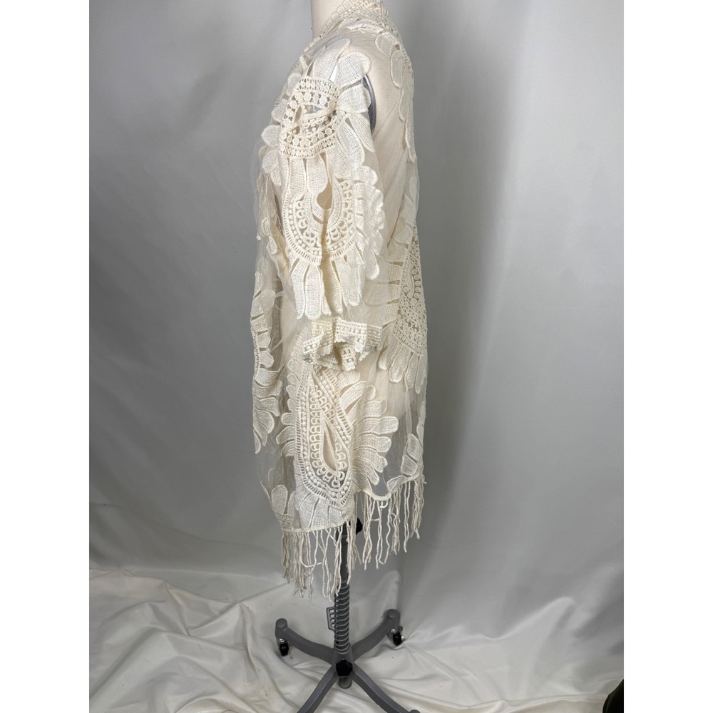 Chicos XL Ivory Lace Mesh Kimono Cardigan Fringe Floral Wrap Boho Summer Layer - Picture 2 of 9